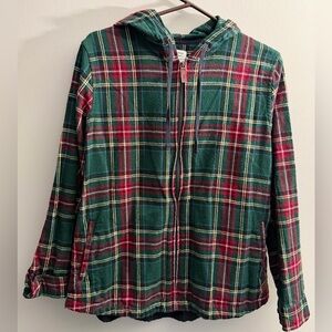 LL Bean Flannel Zip Hoodie Shirt- Womens relaxed fit in green and red plaid